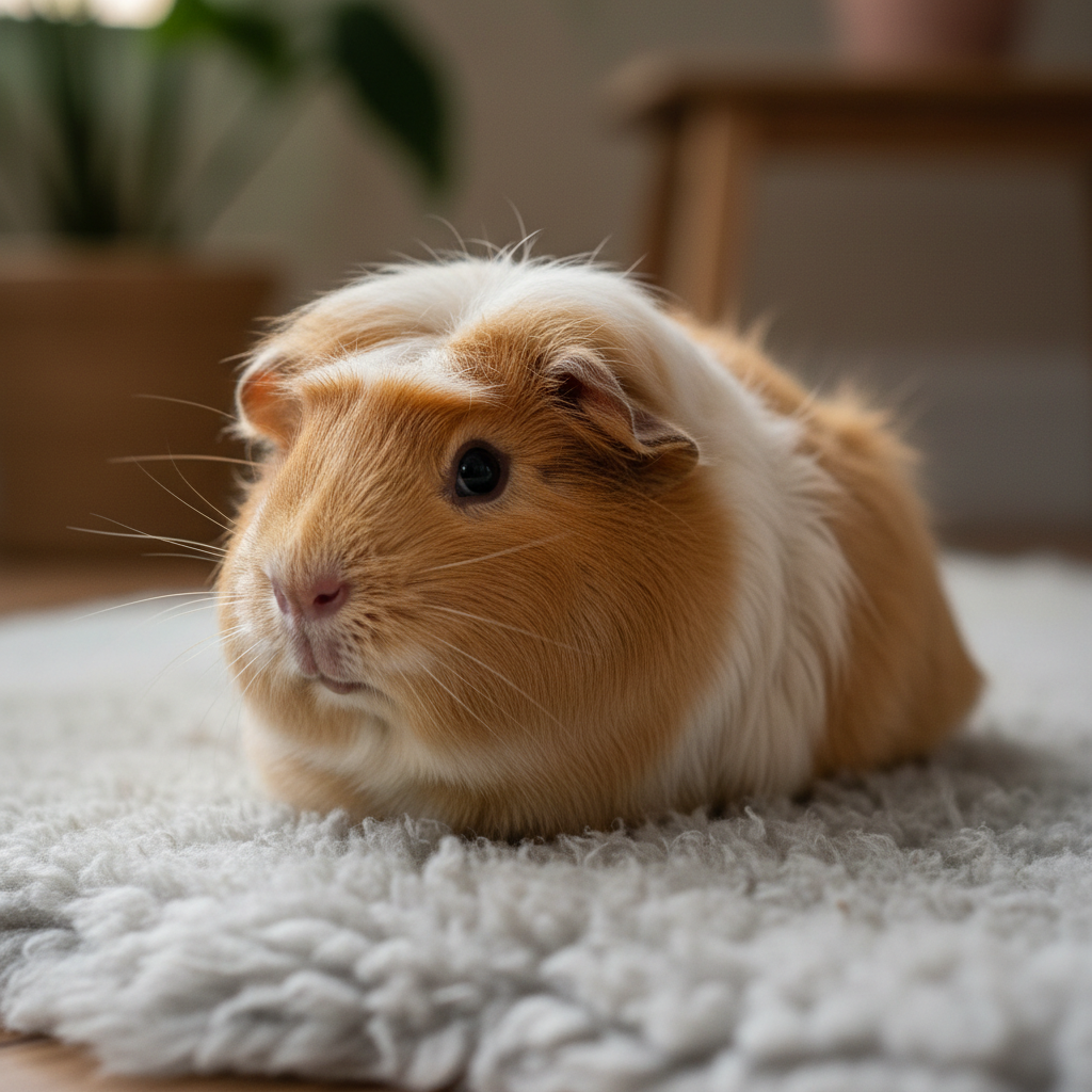 Customer submitted photo of fluffy guinea pig Nugget after grooming session