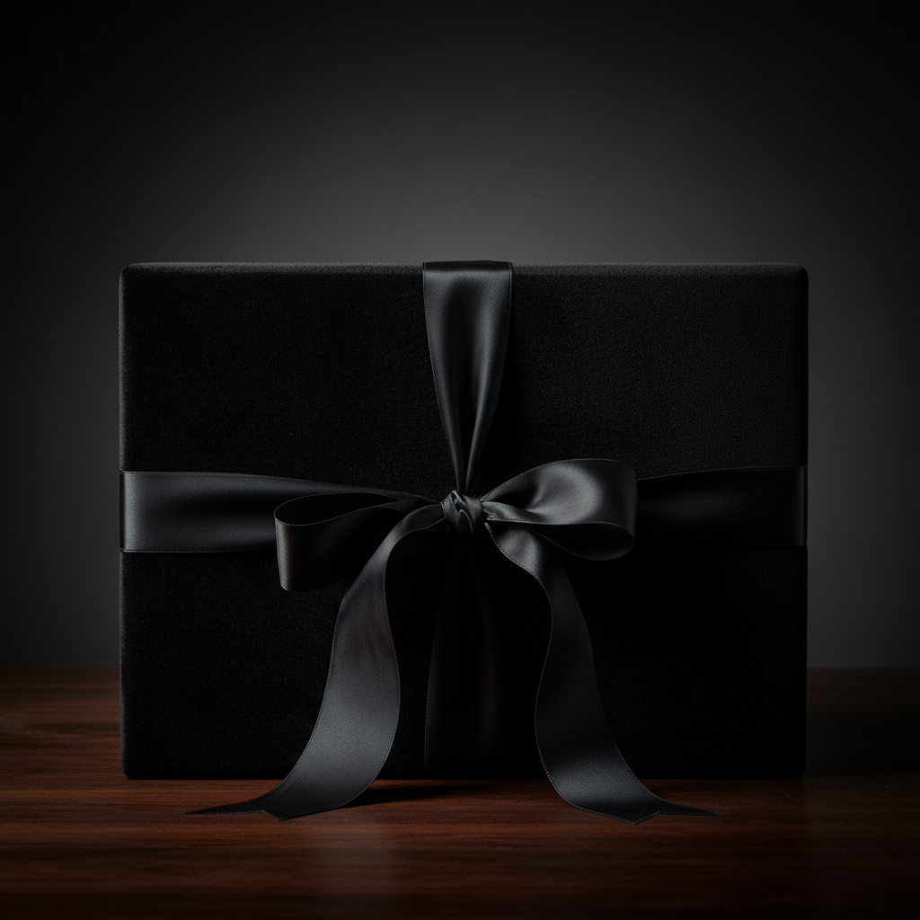 Luxury black velvet gift hamper tied with wide satin ribbon on dark wooden surface