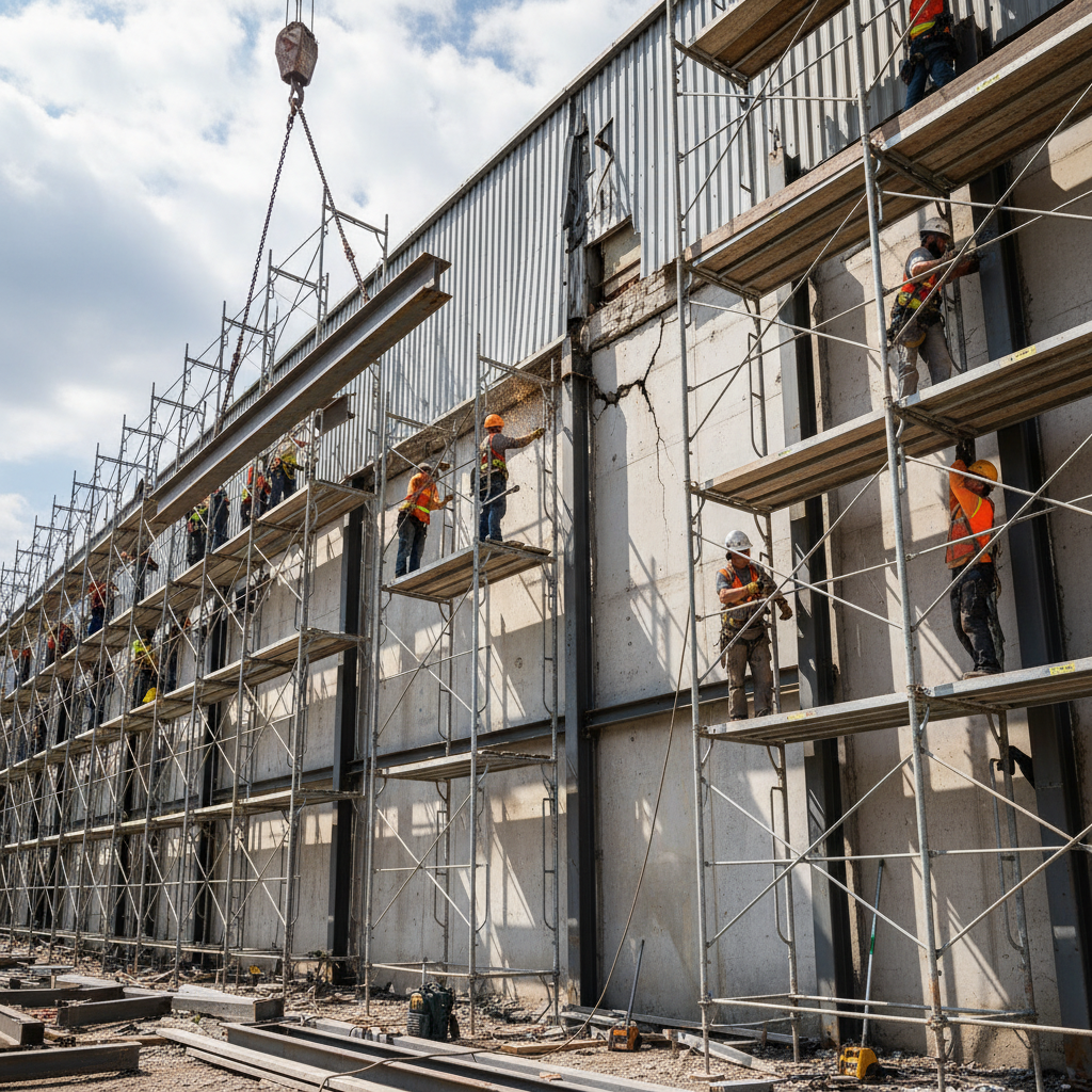 Workers on scaffolding performing emergency structural reinforcement on a warehouse building