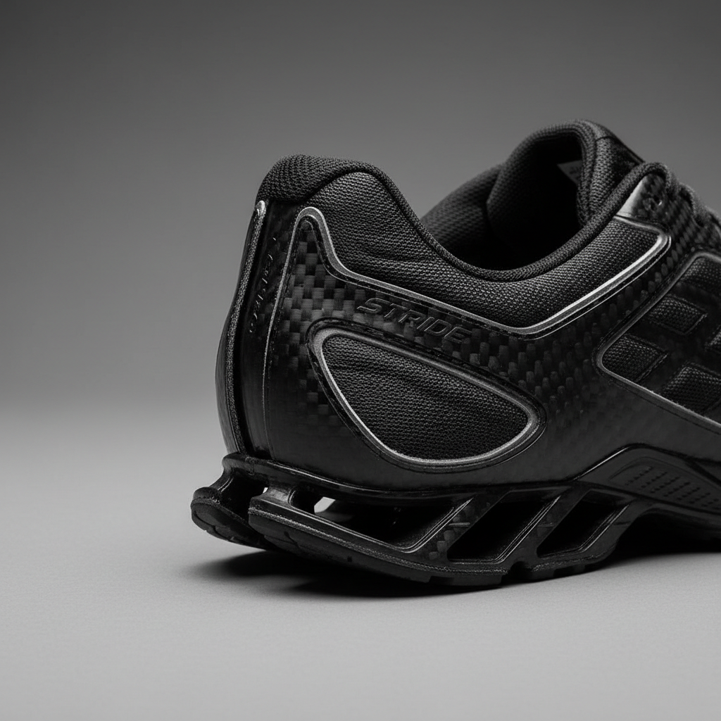 Heel counter engineering detail of Stride shoe showing carbon-fiber internal structure
