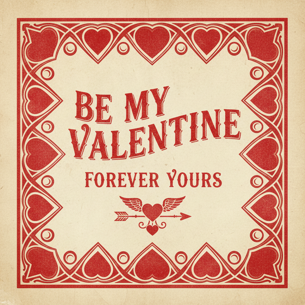 Vintage style Valentine print card with embossed heart border and lipstick red text