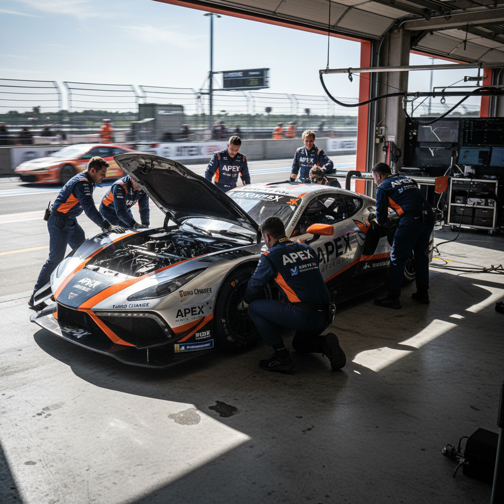Apex Racing team in pit lane with sponsor logos on car