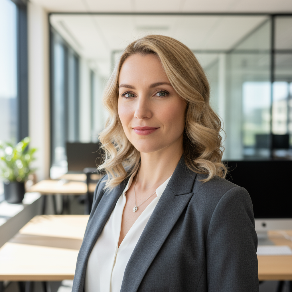 Caucasian woman with blonde hair in professional burgundy blazer with confident expression in bright office