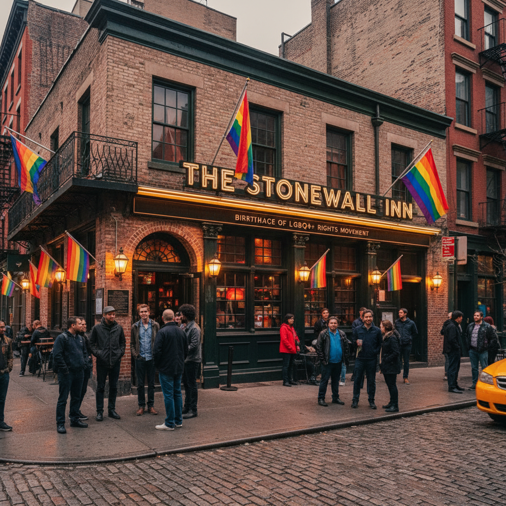 Historic Stonewall Inn bar in Greenwich Village New York City birthplace of LGBTQ+ rights movement