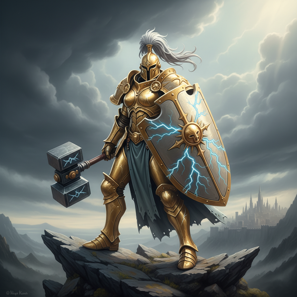 Stormcast Eternal shield-maiden with wet-blended gold armour and freehand lightning motif on shield
