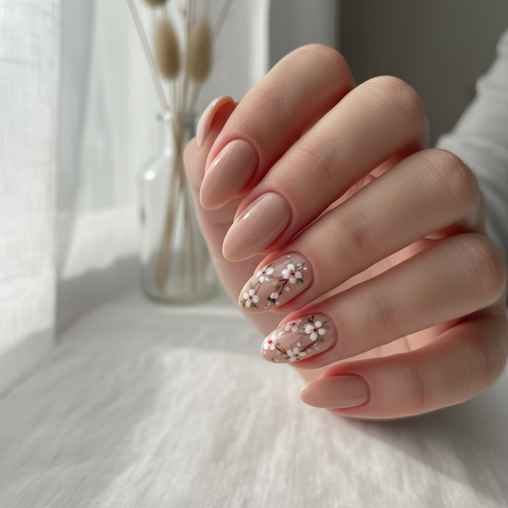 Pink gel nail art with floral design and glitter accents on natural nails