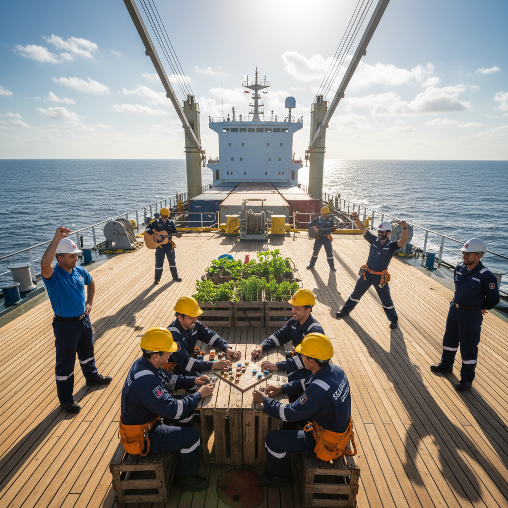 CS Tanker seafarers on vessel deck, crew welfare program, maritime professionals at sea
