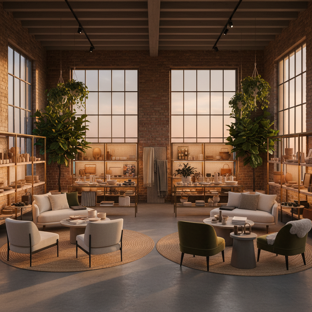 Brand activation in loft space with curated product displays and intimate seating areas