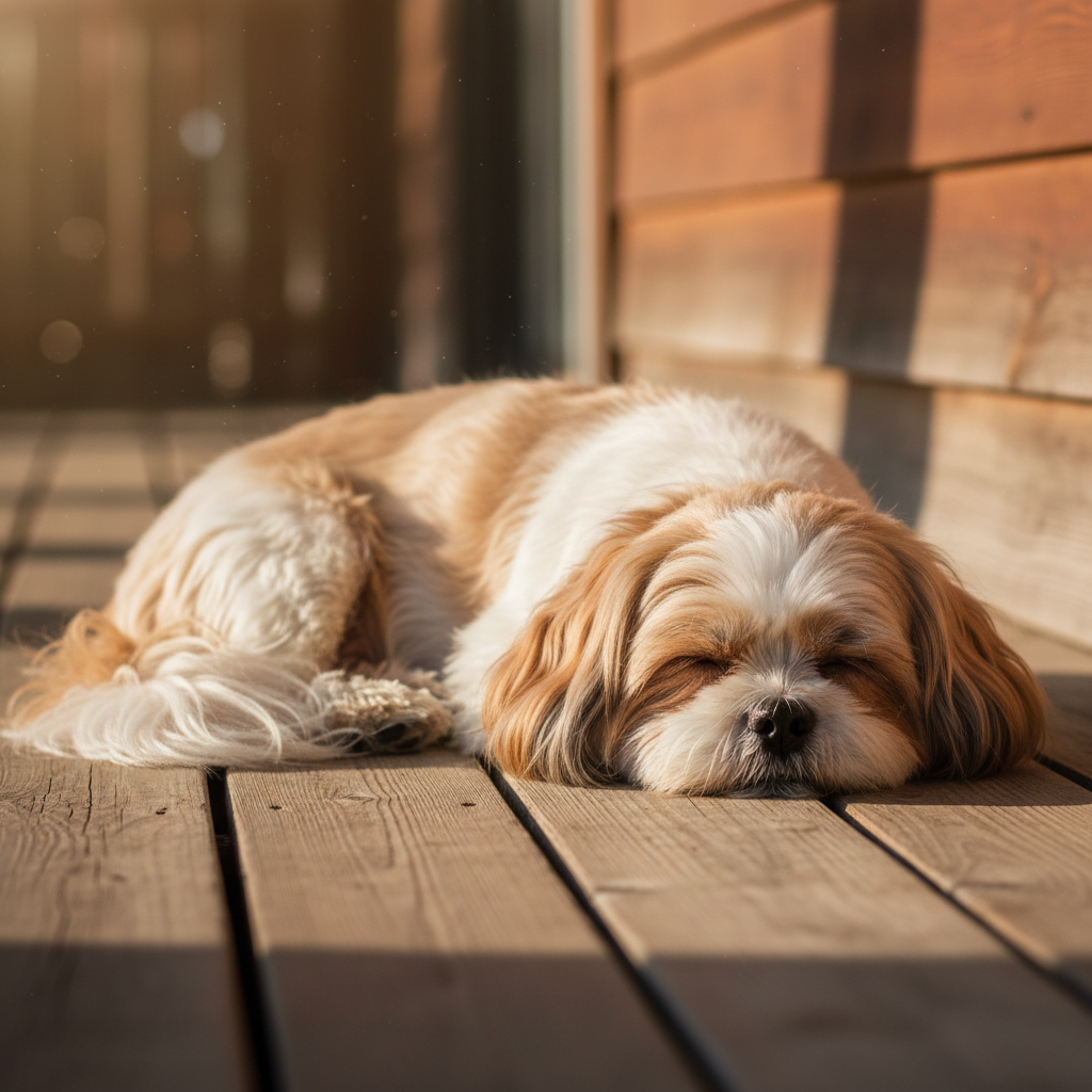 Mother Shih Tzu resting peacefully on wooden porch in afternoon sun