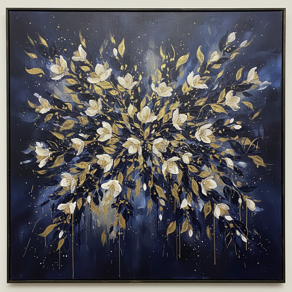 Abstract oil painting with deep midnight blues and gold floral forms on large canvas