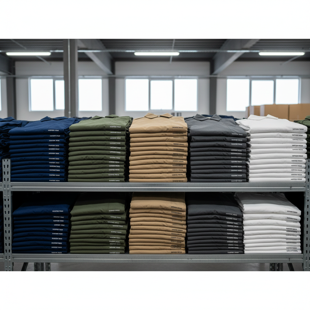 Neatly folded premium branded clothing items — barely-worn Nike, Zara garments stacked in warm-lit warehouse