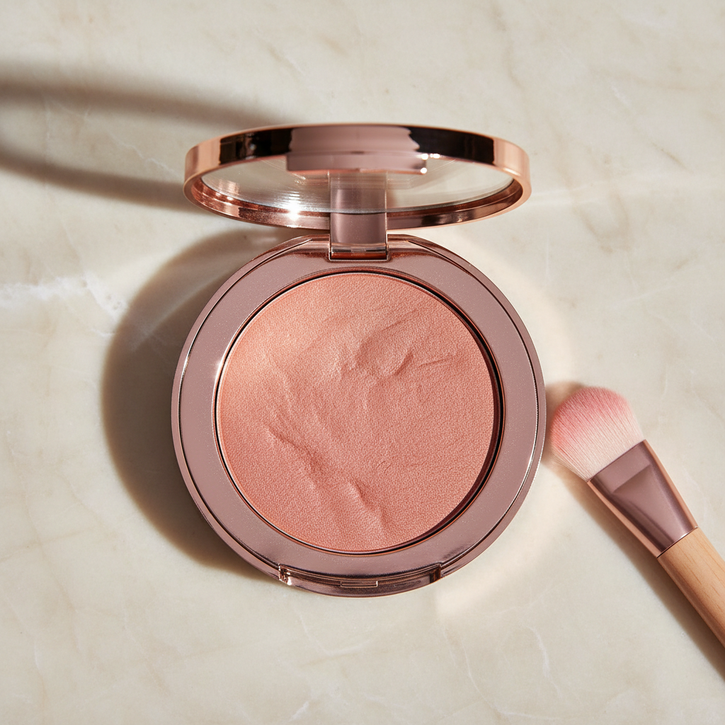 Blush compact with rosy pink powder, elegant makeup product on marble surface