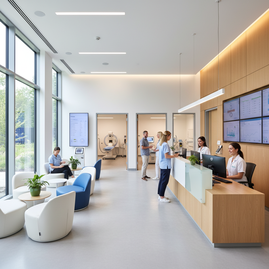 Réception moderne d'une clinique privée partenaire avec personnel médical et patients