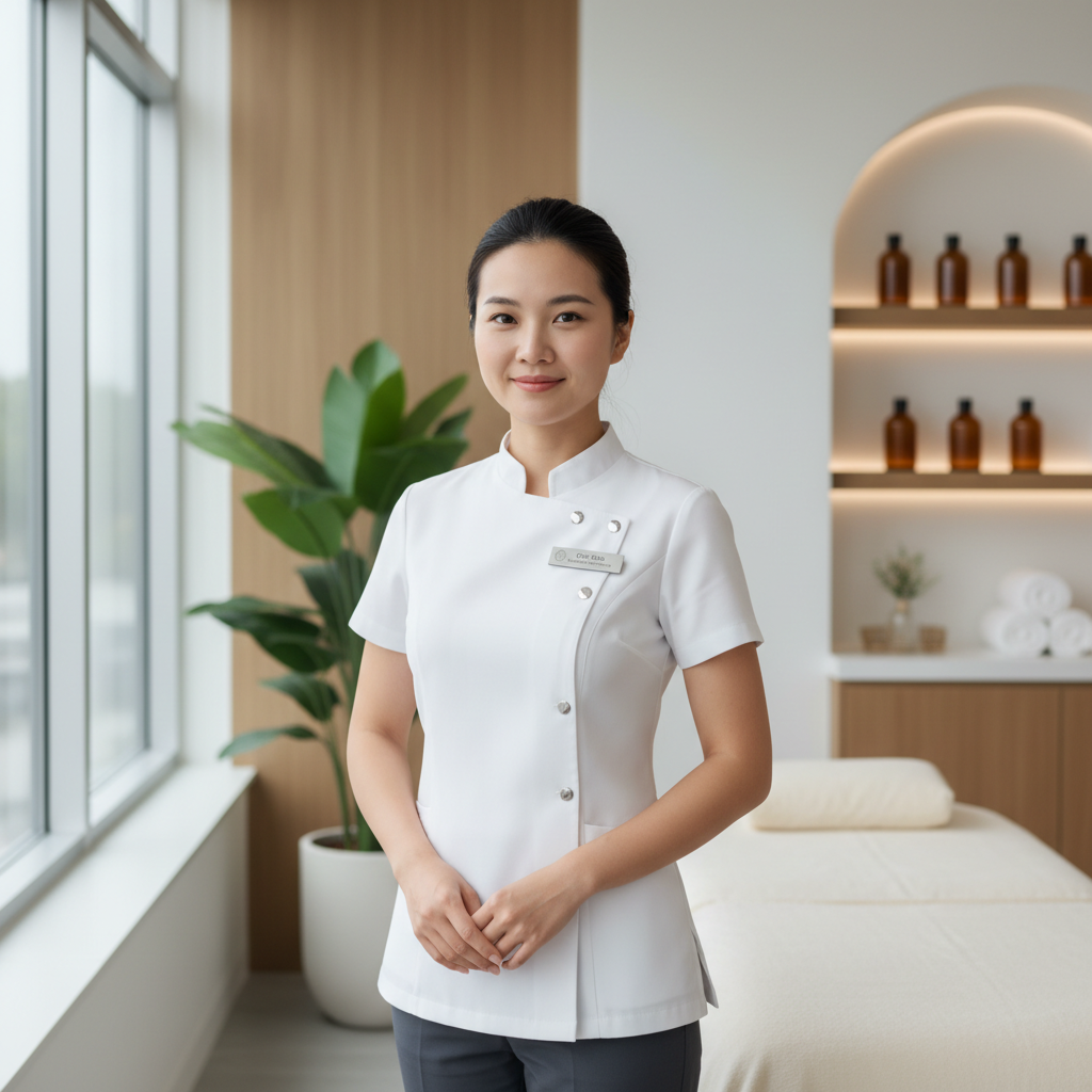 Young Dutch beauty specialist in professional attire smiling confidently in modern spa environment