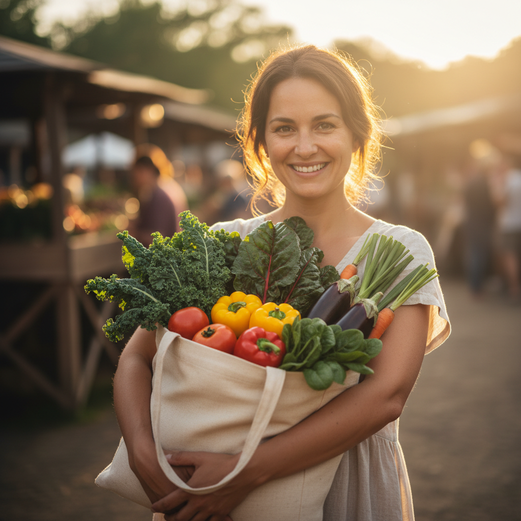 Woman smiling and holding a canvas bag full of fresh produce including leafy greens at a food bank pickup window, golden hour light