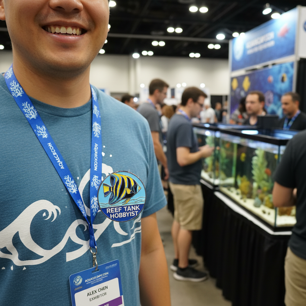 Reef tank keeper at convention with Fin angelfish pin on lanyard