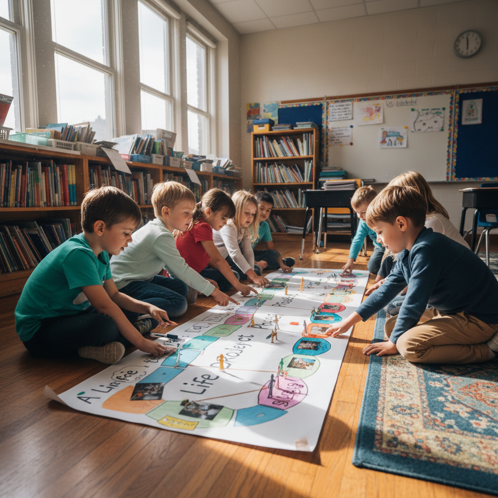 Group of eight-year-old students collaborating on a large timeline of life project spread across the classroom floor