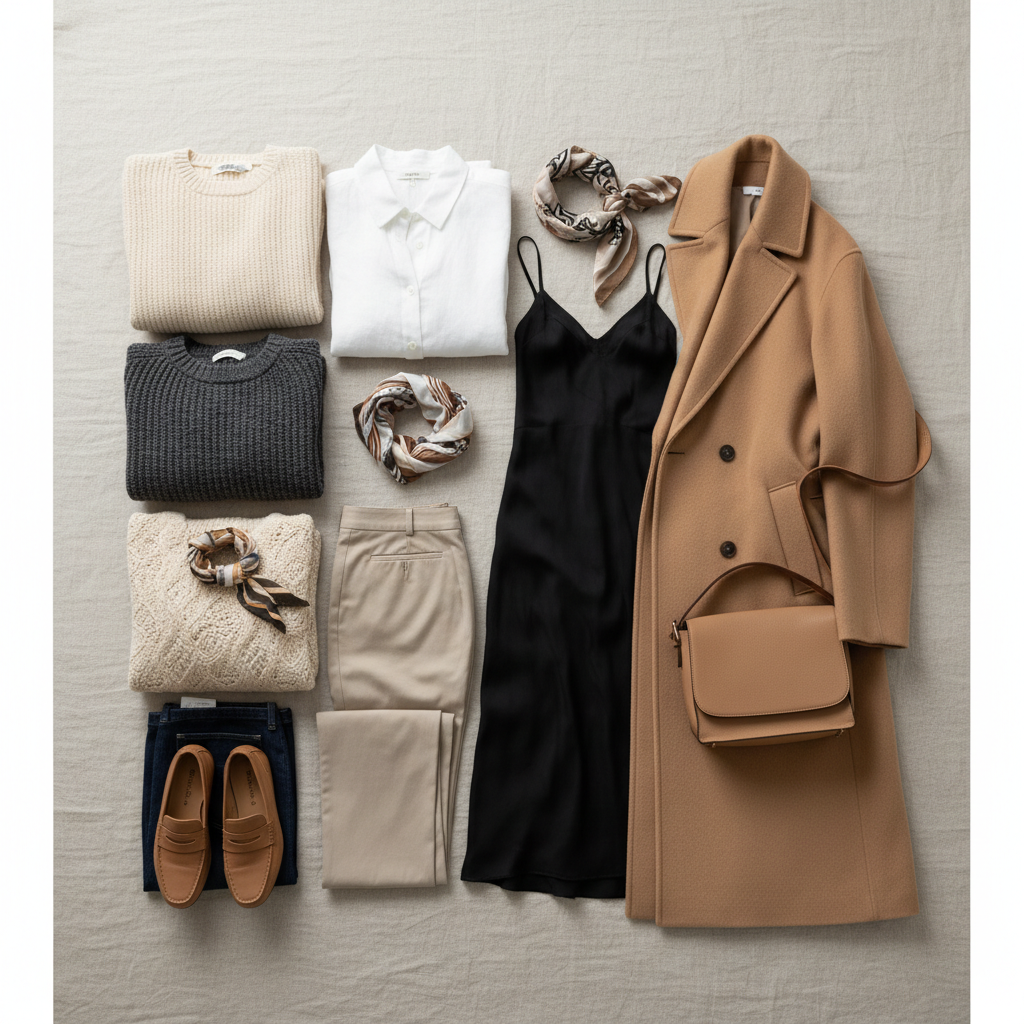 Minimalist luxury fashion outfit laid flat on clean white surface