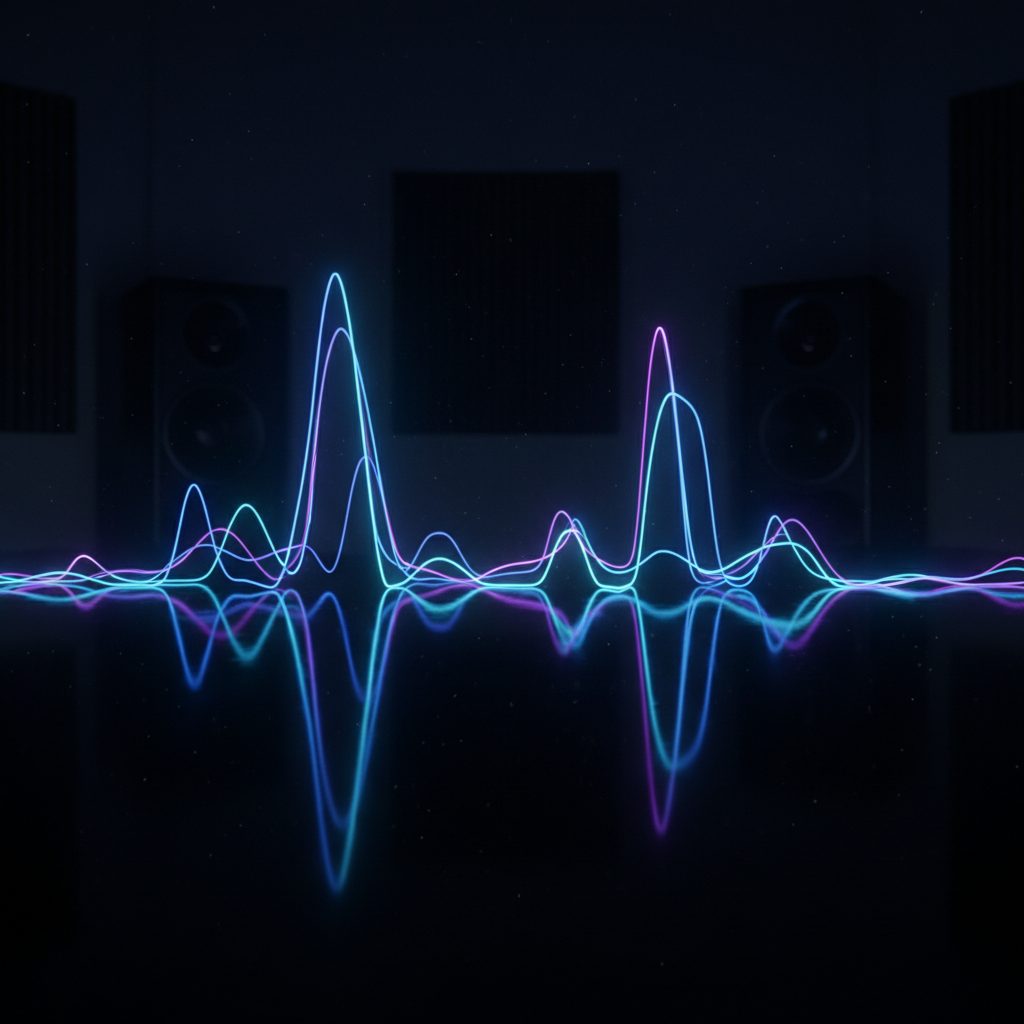 Abstract dark sound waves, deep blacks and dark purples, atmospheric studio lighting, moody cinematic environment