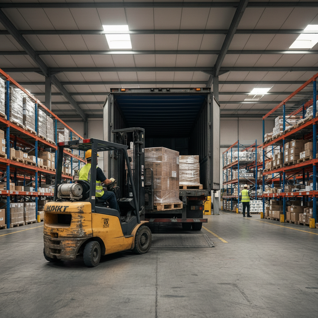 Forklift driver loading pallets in a warehouse, industrial logistics and storage facility