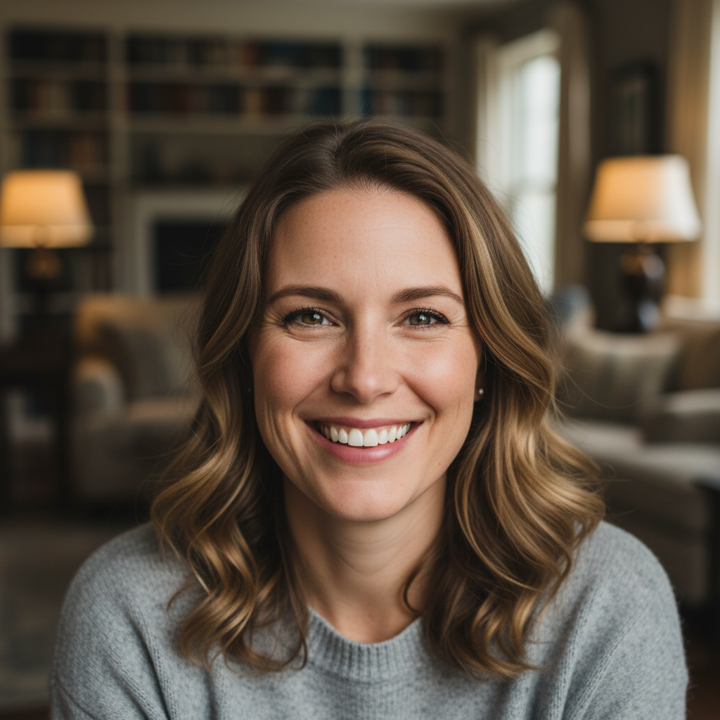Portrait of Sarah Mitchell, satisfied homeowner smiling