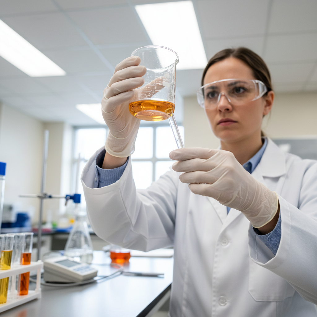 Food scientist in white lab coat examining a clear beaker of amber liquid under laboratory lighting