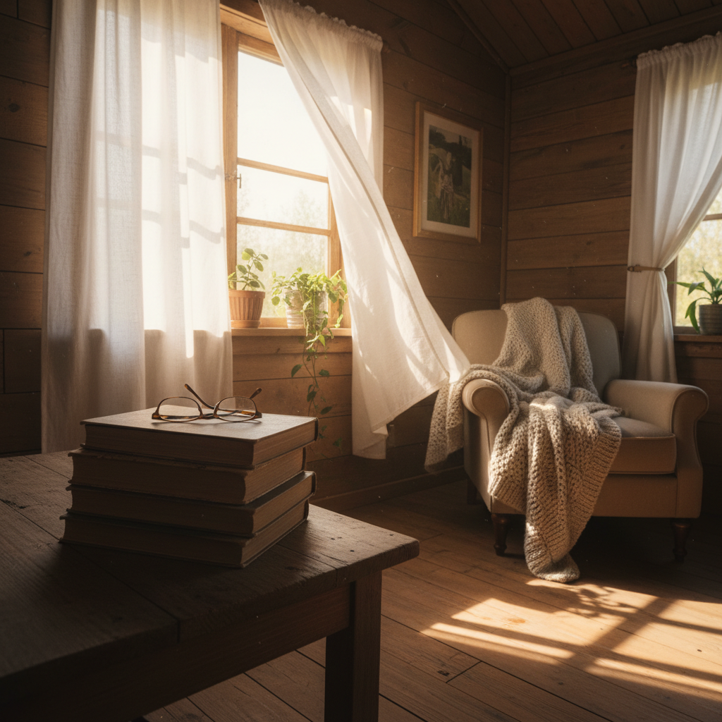 Sunlit tiny house interior with linen curtains and a stack of well-worn books