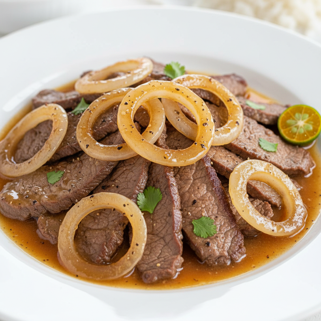 Filipino bistek tagalog beef steak with onion rings in soy lemon sauce
