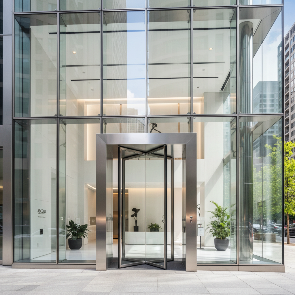 Commercial glass entrance doors with stainless steel handles and frame