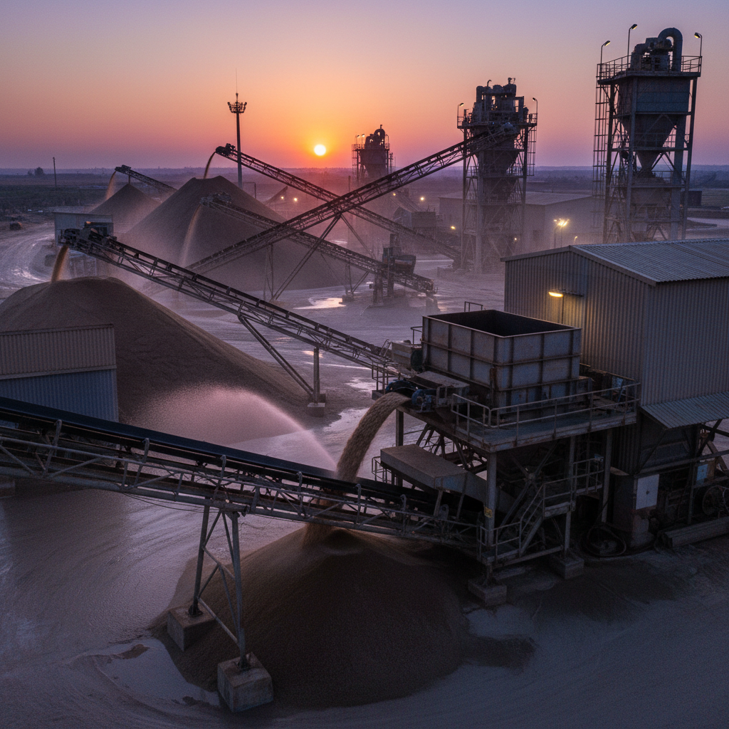 Industrial processing facility with conveyor belts and sand washing equipment at dusk