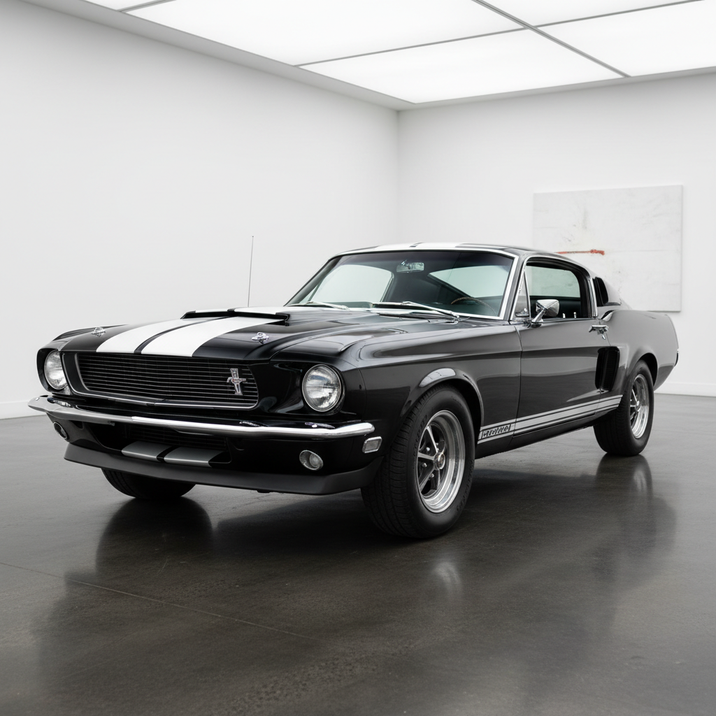 Black 1967 Shelby GT500 muscle car under halogen gallery lights
