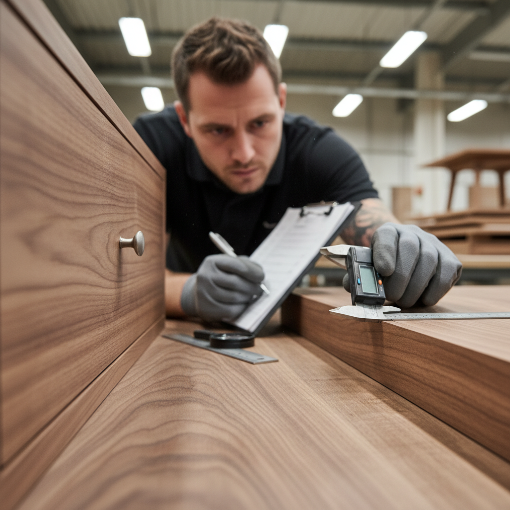 Quality control inspector examining manufacturing products on production line with clipboard and tools
