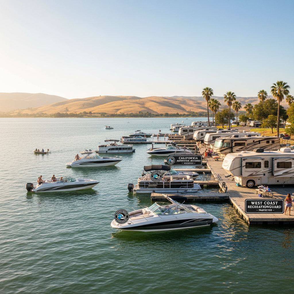 Recreational vehicles including boats and RVs on a California lake protected by specialized insurance