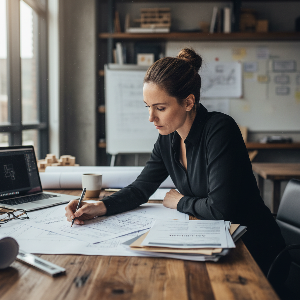 Architect reviewing building blueprints and permit documents at a desk