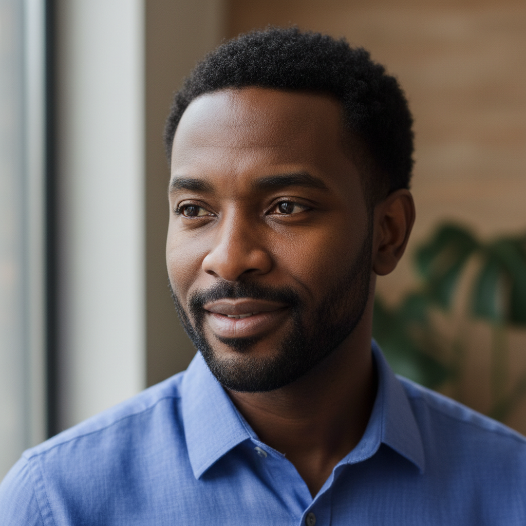 Darius Okafor, a Nigerian-American man in his late 30s with a calm, thoughtful expression