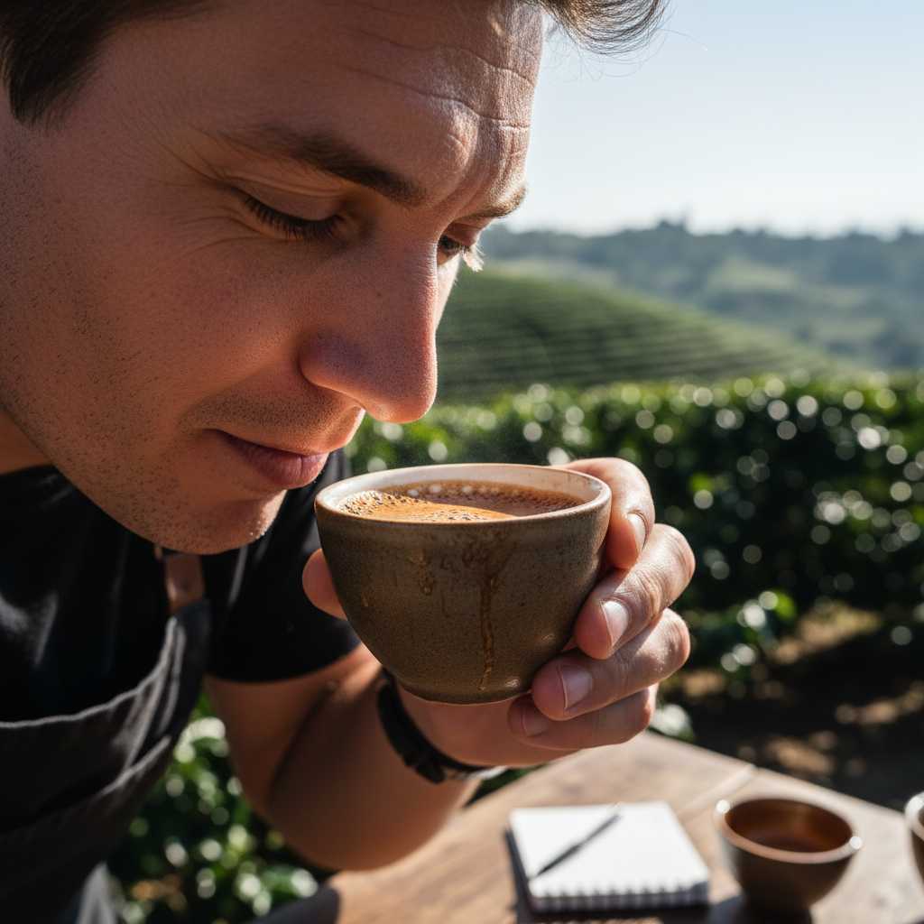 Coffee cupping workshop with participants tasting and evaluating different single-origin beans