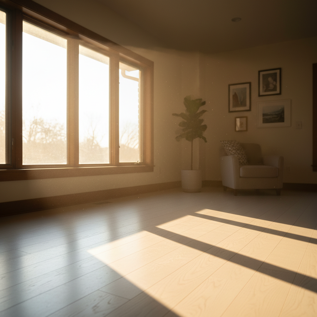 Sunlight cutting through triple-pane window onto white oak flooring