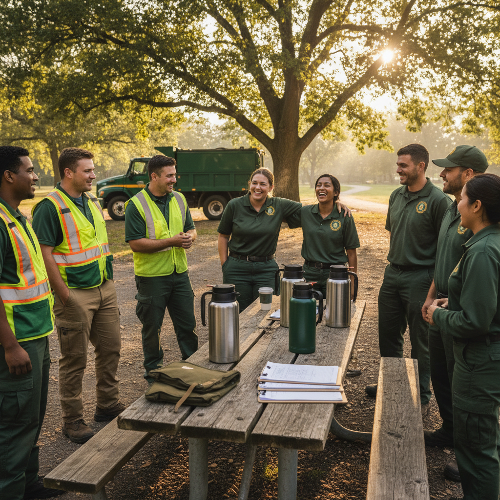Parks department team gathered around a picnic table during morning standup, coffee thermoses and clipboards, one person mid-laugh, trees and maintenance truck soft in the background