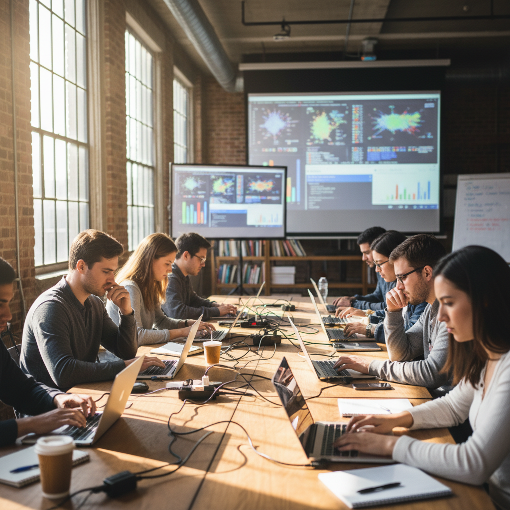 Data science bootcamp with Python and ML tools on bright screen in data science lab