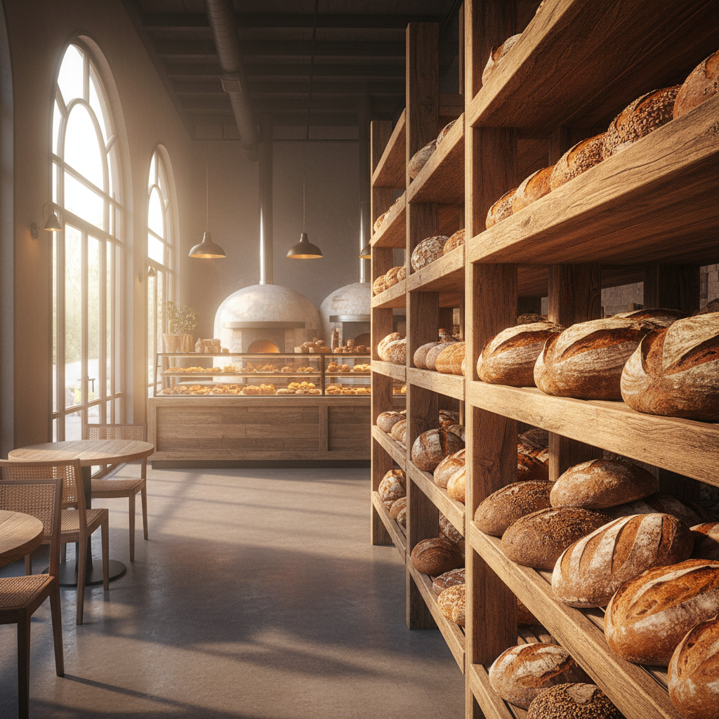 Bright modern bakery interior with white walls, wooden shelves stacked with fresh bread loaves, warm ambient lighting