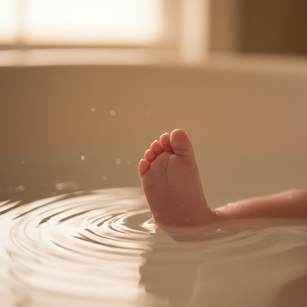 Tiny newborn toes in a warm bath, gentle ripples