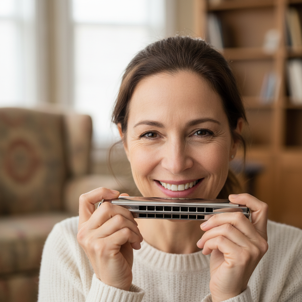 Deborah Osei-Bonsu, adult harmonica student, warm smile, indoor portrait