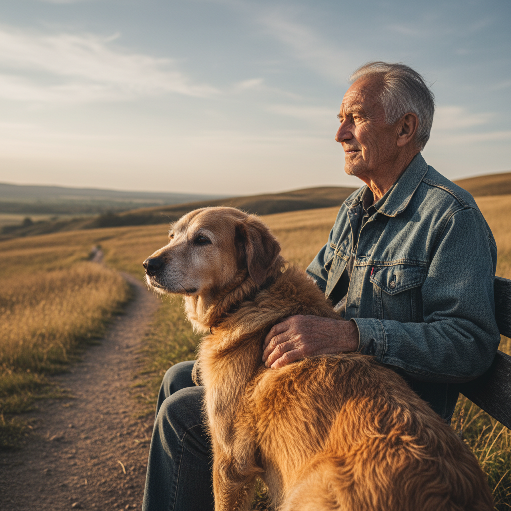 Senior rescue dog sitting with elderly man, both looking at the horizon