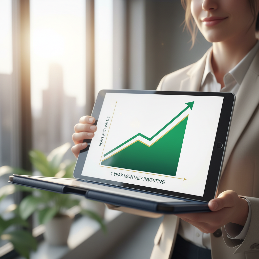 Inversora analizando portafolio de propiedades en tablet con gráficas de crecimiento