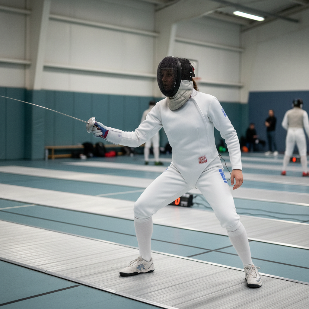 Priya Mehta, foil fencer, holding blade in en garde stance at Austin gym