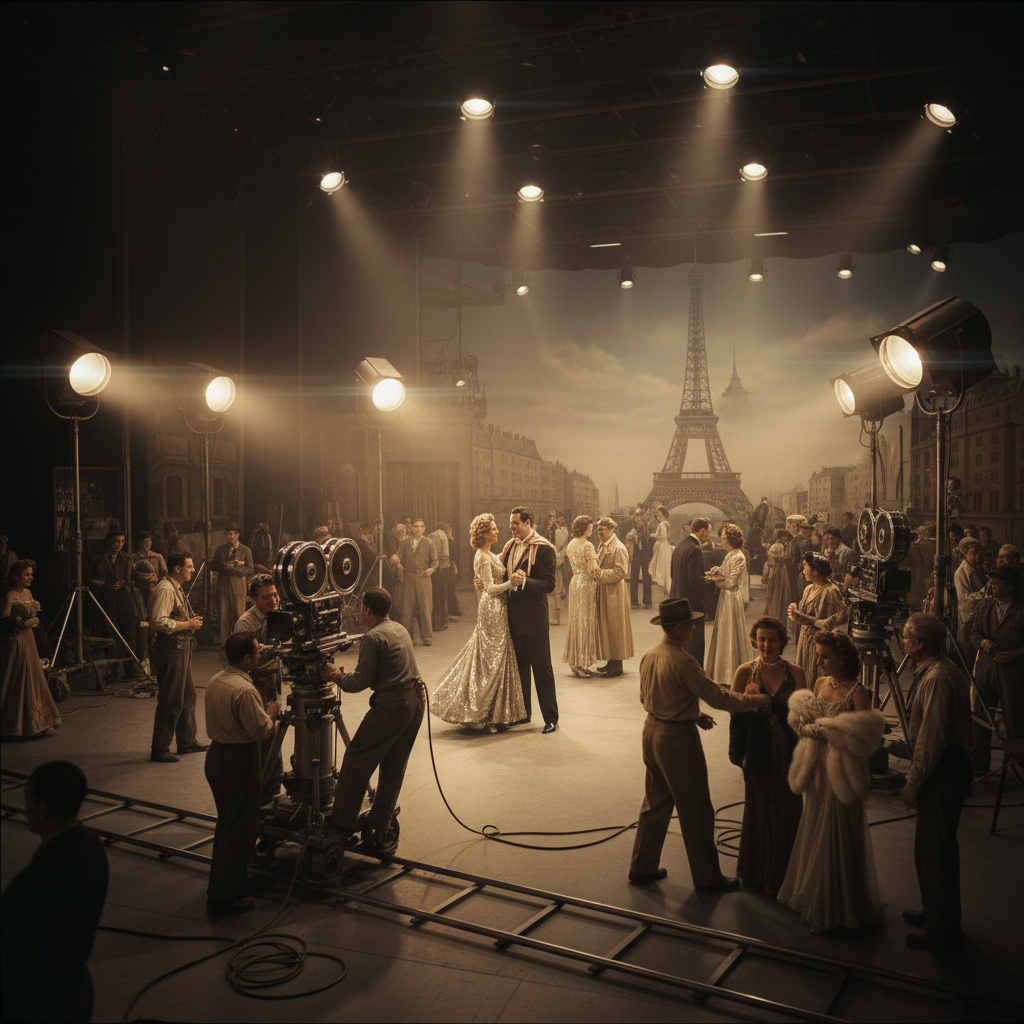 Elaborate movie set with detailed production design and atmospheric period lighting