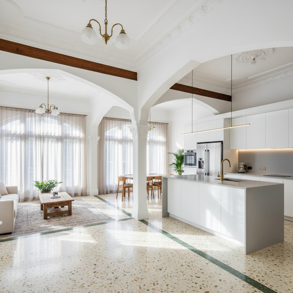 Elegant heritage bungalow interior renovation with dark wood floors, dim warm lighting and classic detailing