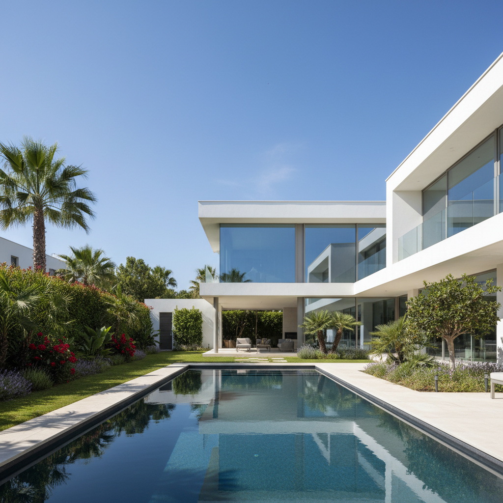 Modern white villa with pool and garden in sunny European setting