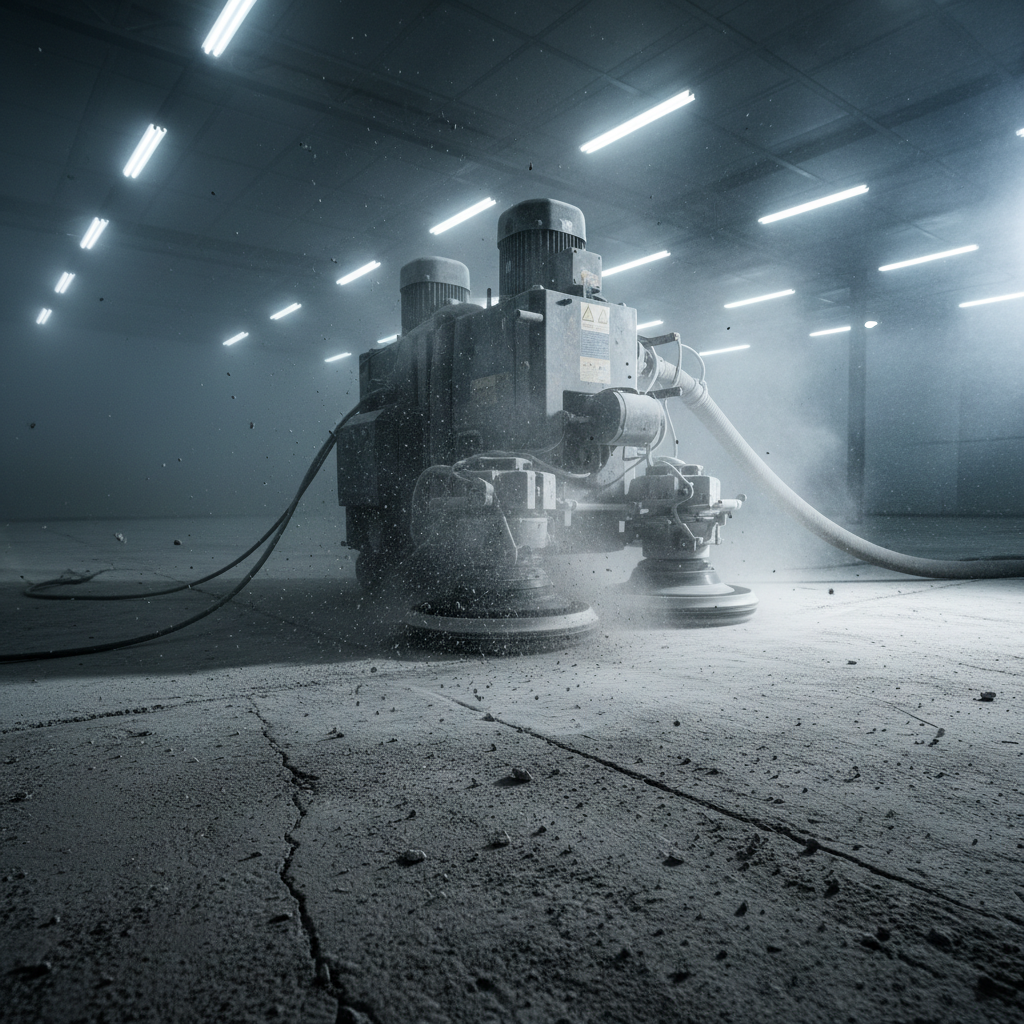 Diamond grinding machine working on rough concrete floor, dust and grit visible in industrial setting