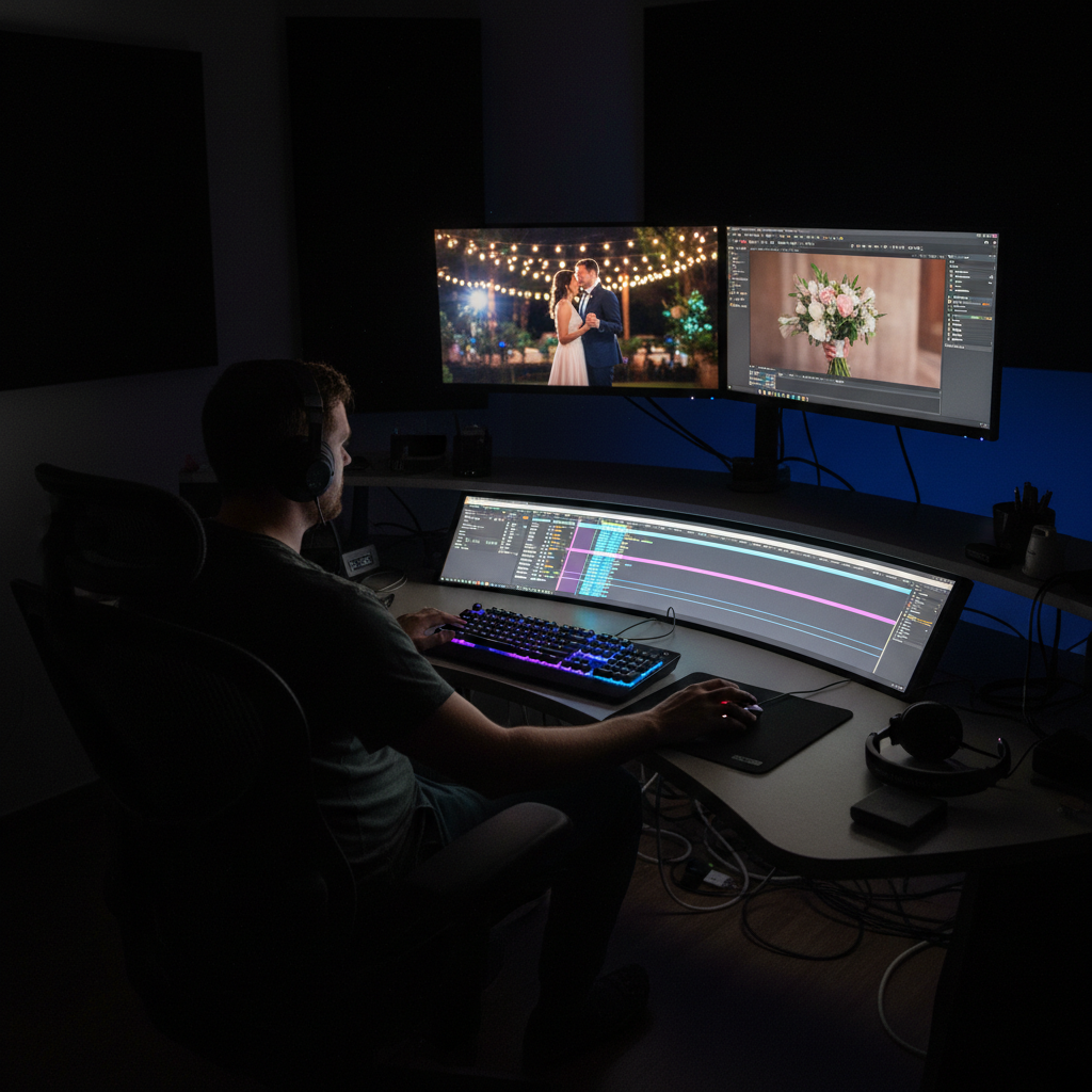 Editor working on backlit timeline, wedding footage playing on dual monitors